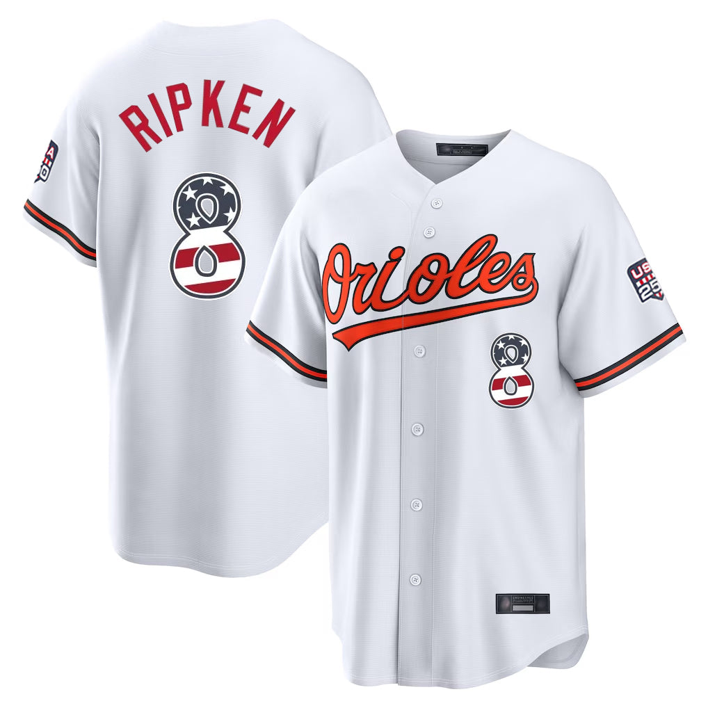 tores B.Orioles #8 Cal Ripken Player White USA 250 Fourth of July Home Game Stitched Jerseys