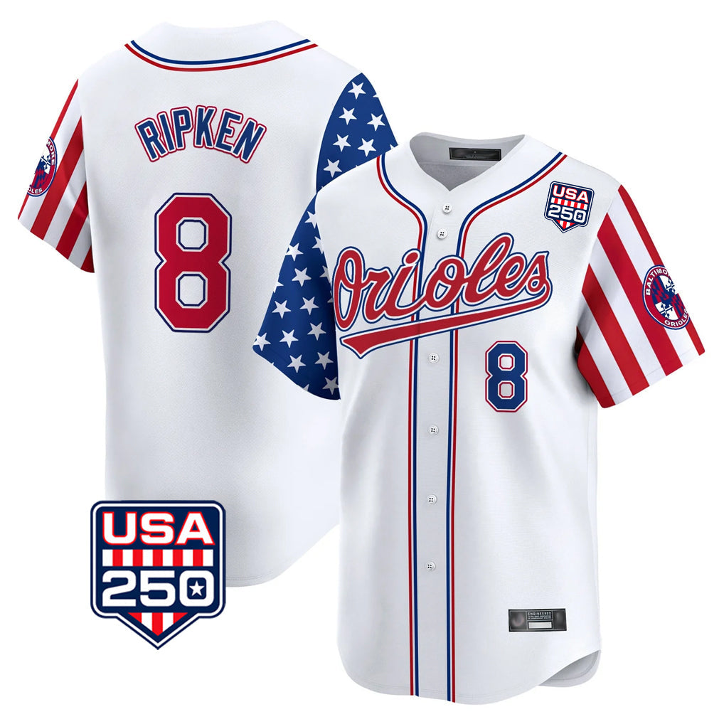 tores B.Orioles #8 Cal Ripken Player White USA 250 Independence Day Vapor Premier Home Game Stitched Jerseys